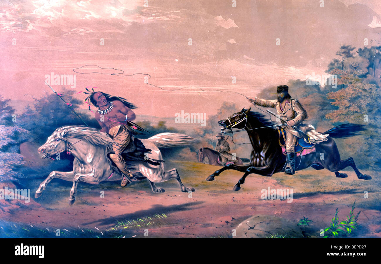 Die Überraschung - An American Indian überrascht Frontiersman und gejagt, ca. 1858 Stockfoto