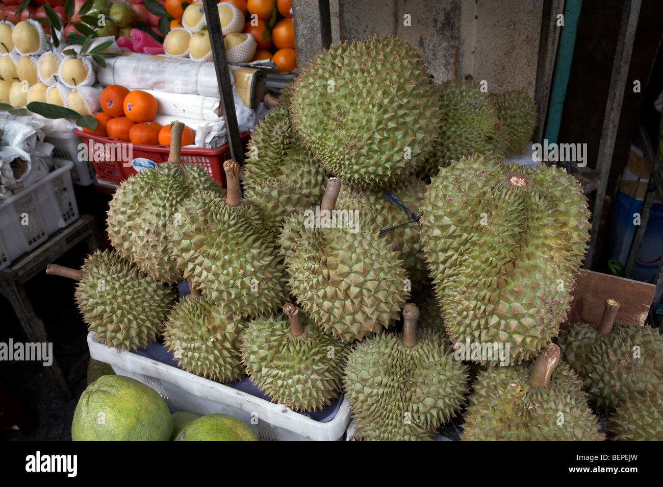 VIETNAM Saigon Obstmarkt. Durian. Andere Namen: Civet Frucht, Stinkvrucht botanischer Name: Durio Zibethinus Stockfoto