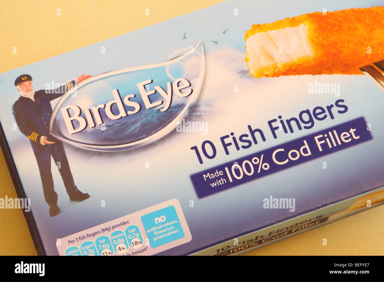 Birds Eye Tiefkühlkost Fischstäbchen Paket Logo-Design und Verpackung Stockfoto