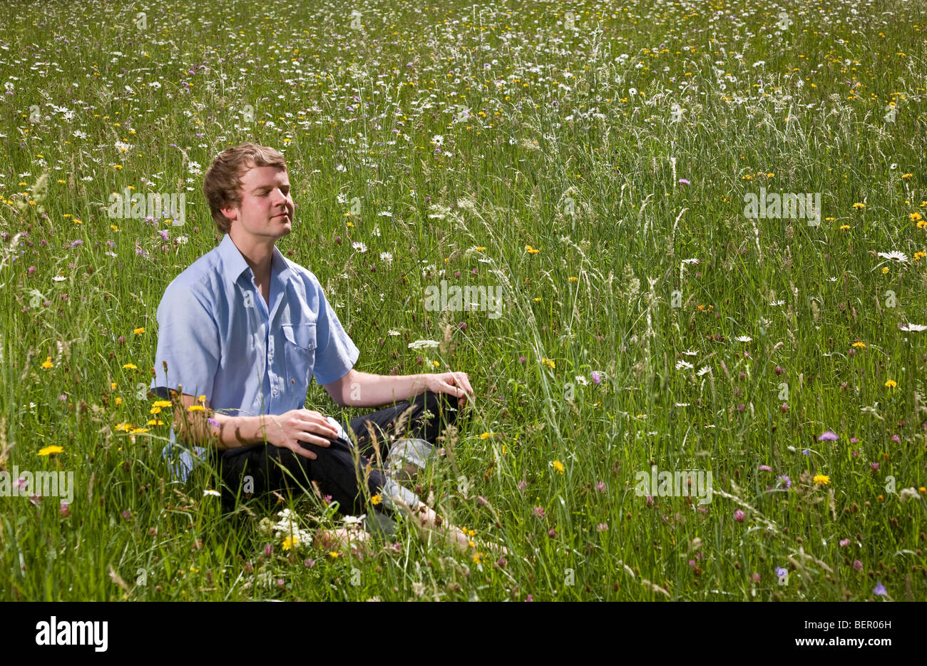 Mann sitzt im Rasen mit Frühlingsblumen Stockfoto