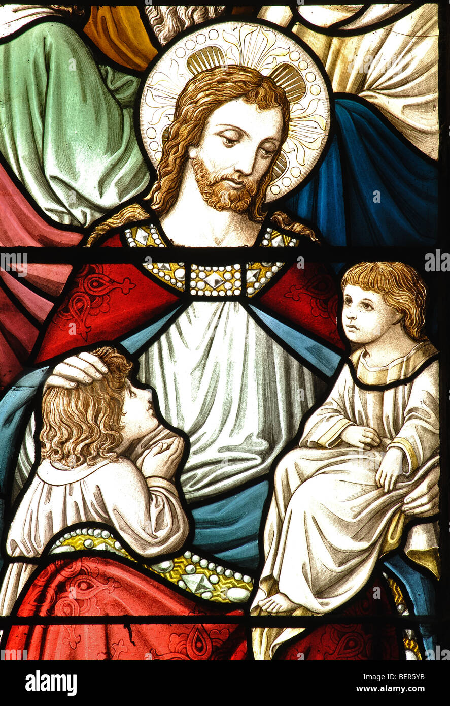 Die kleinen Kinder leiden Glasmalereien in St. Michael und alle Engel Kirche, Appleby Magna, Leicestershire, England, Großbritannien Stockfoto