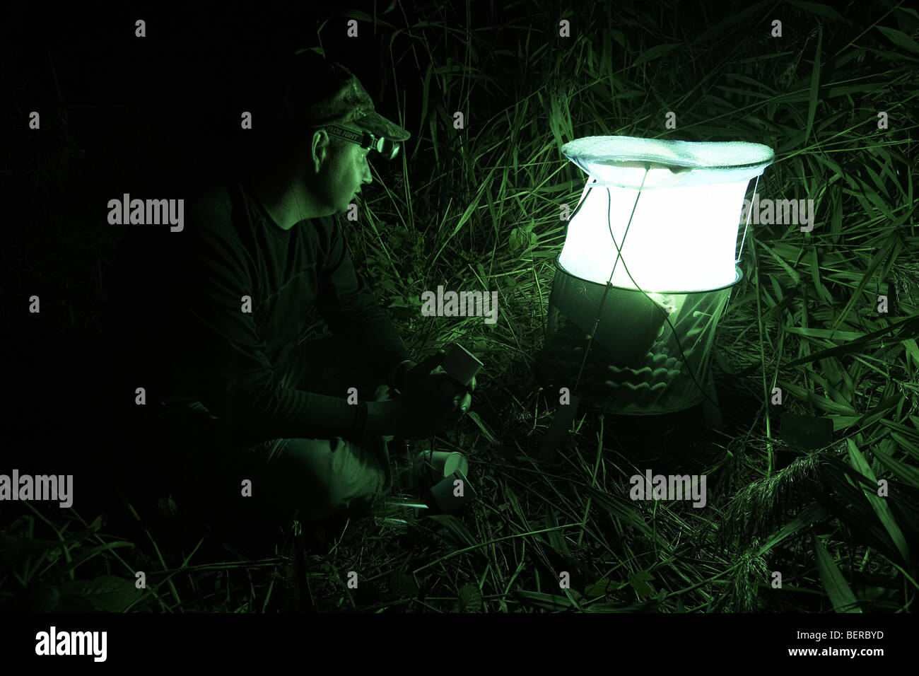 Entomologe einrichten eine Motte-Falle in der Nacht, East Yorkshire, UK Stockfoto