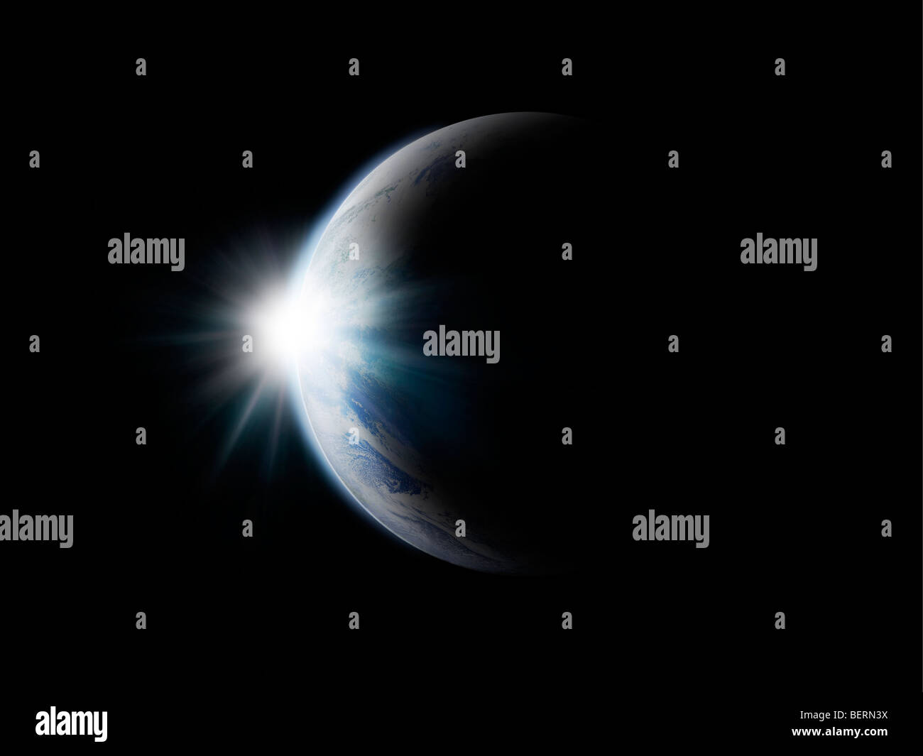 Sonnenlicht hinter der Erde, Computer Graphic, schwarzer Hintergrund, Kopie Raum Stockfoto