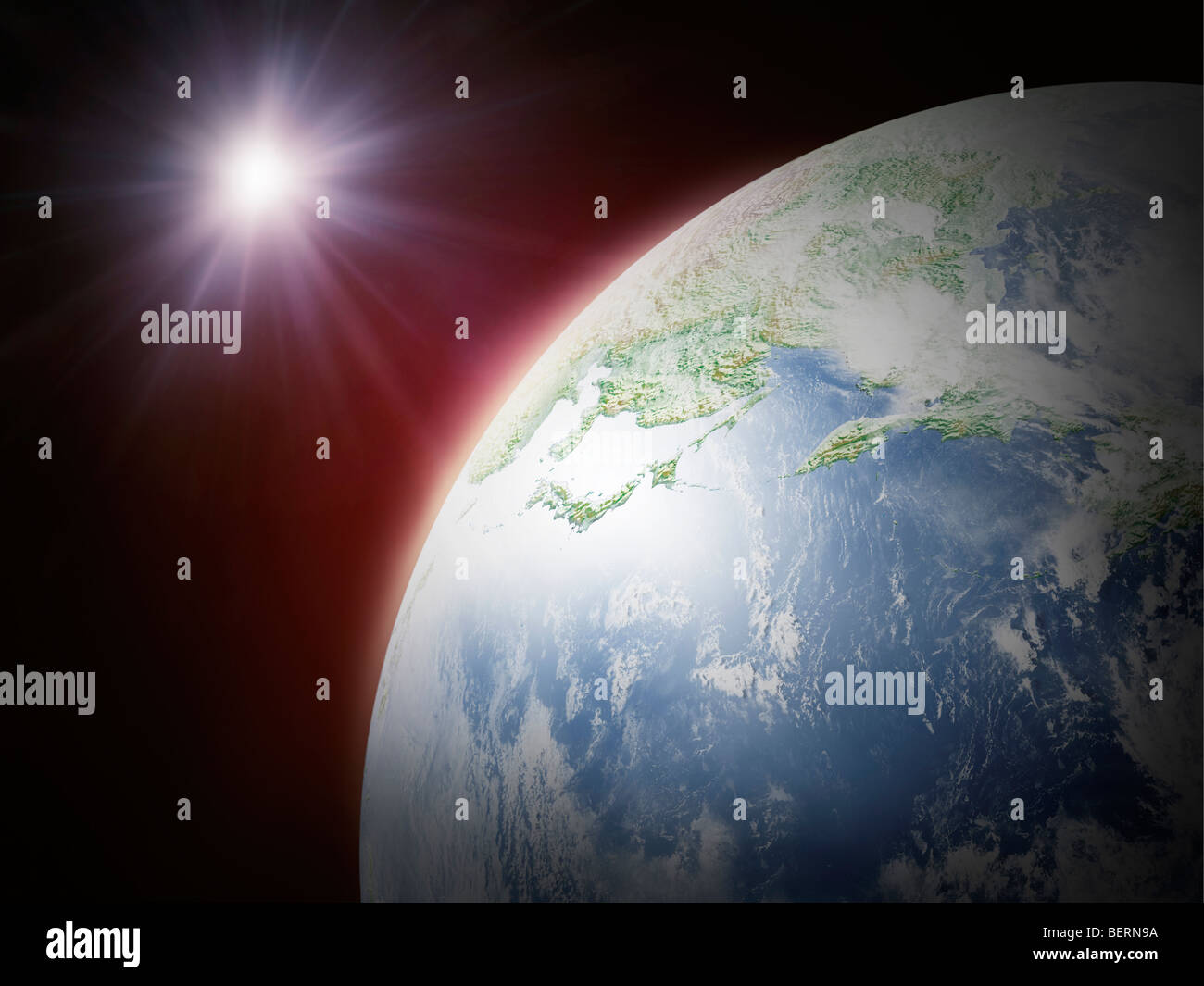 Sonnenlicht über die Erde, Computer Graphic, schwarzer Hintergrund Stockfoto