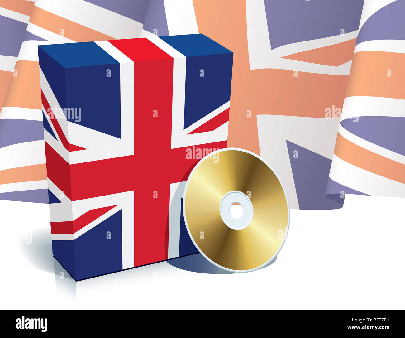 Englische Software Box mit Nationalflagge und CD. Stockfoto