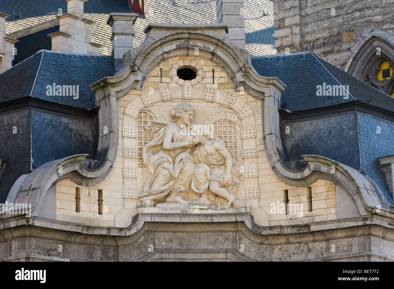 Mammelokker, ein Relief über dem Eingang zum alten Warder &#39; s Haus, Gent, Belgien Stockfoto