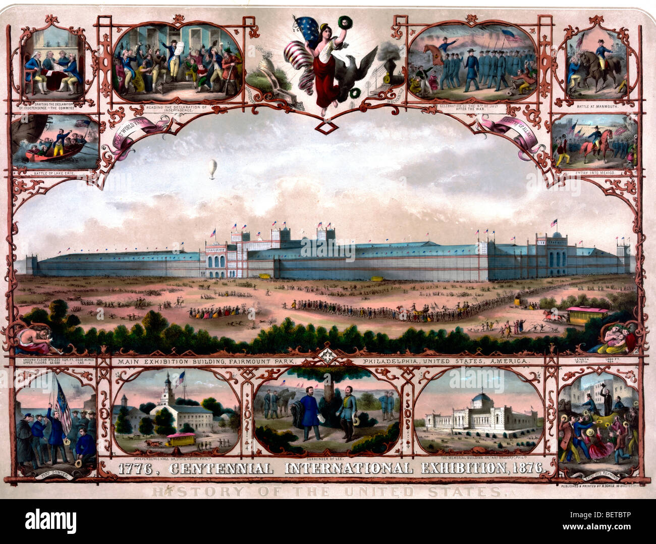 Amerikanische Centennial International Exhibition 1876 mit verschiedenen Szenen aus den ersten 100 Jahren der USA. Philadelphia, PA Stockfoto