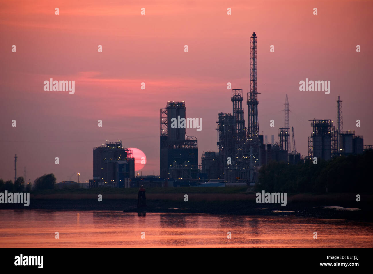 Ölindustrie in den Antwerpener Hafen entlang des Flusses Schelde bei Sonnenuntergang, Belgien Stockfoto