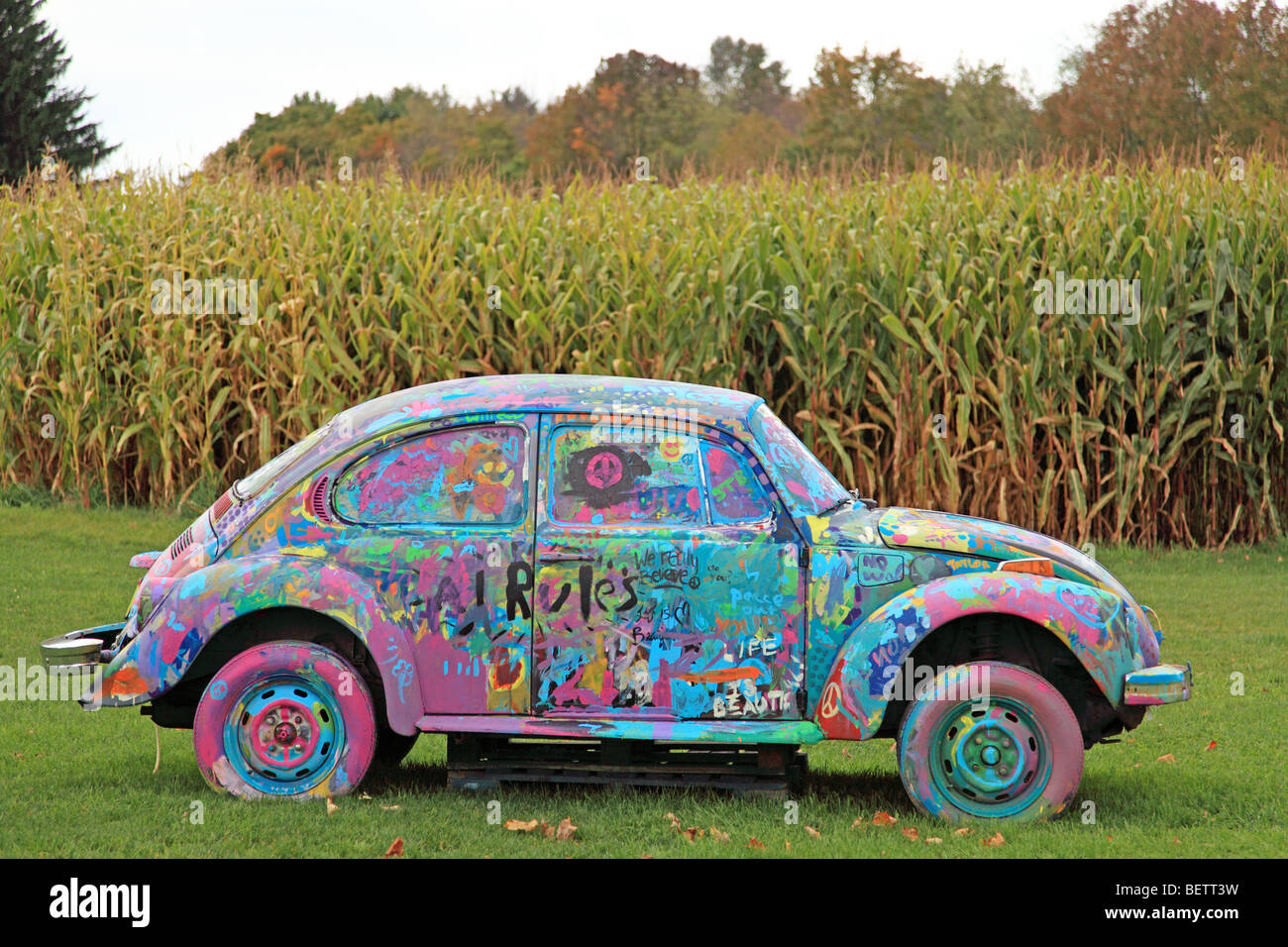 Ein höchst bemalten VW geparkt in einem Maisfeld an der Stelle des Woodstock Music Festival, Max Yasgurs Farm in Bethel, New York Stockfoto