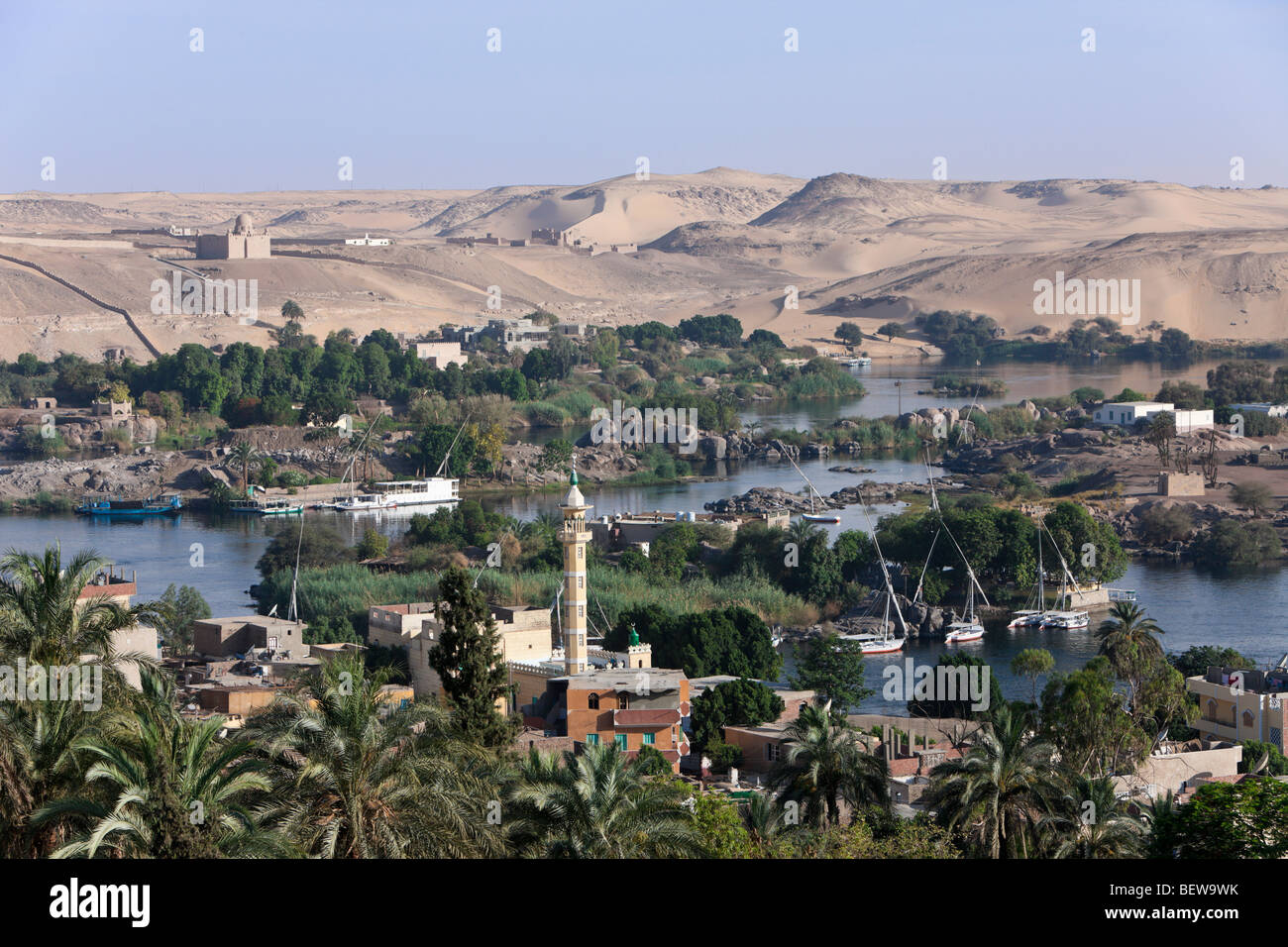 Blick auf den Nil Landschaft von Aswan, Assuan, Ägypten Stockfoto