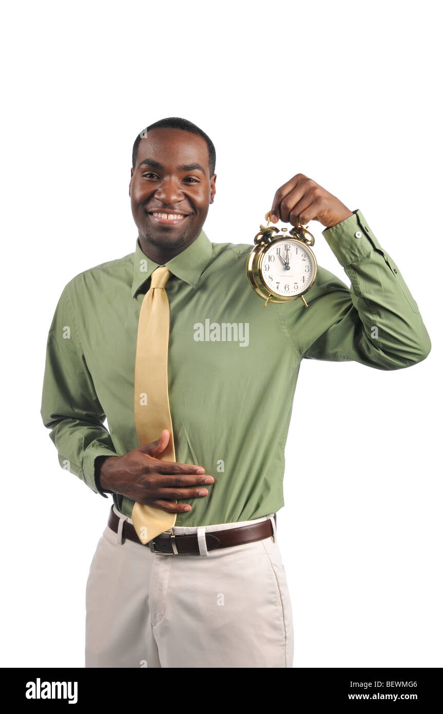 Afrikanische amerikanische Geschäftsmann hält eine Uhr und mittags zu feiern Stockfoto