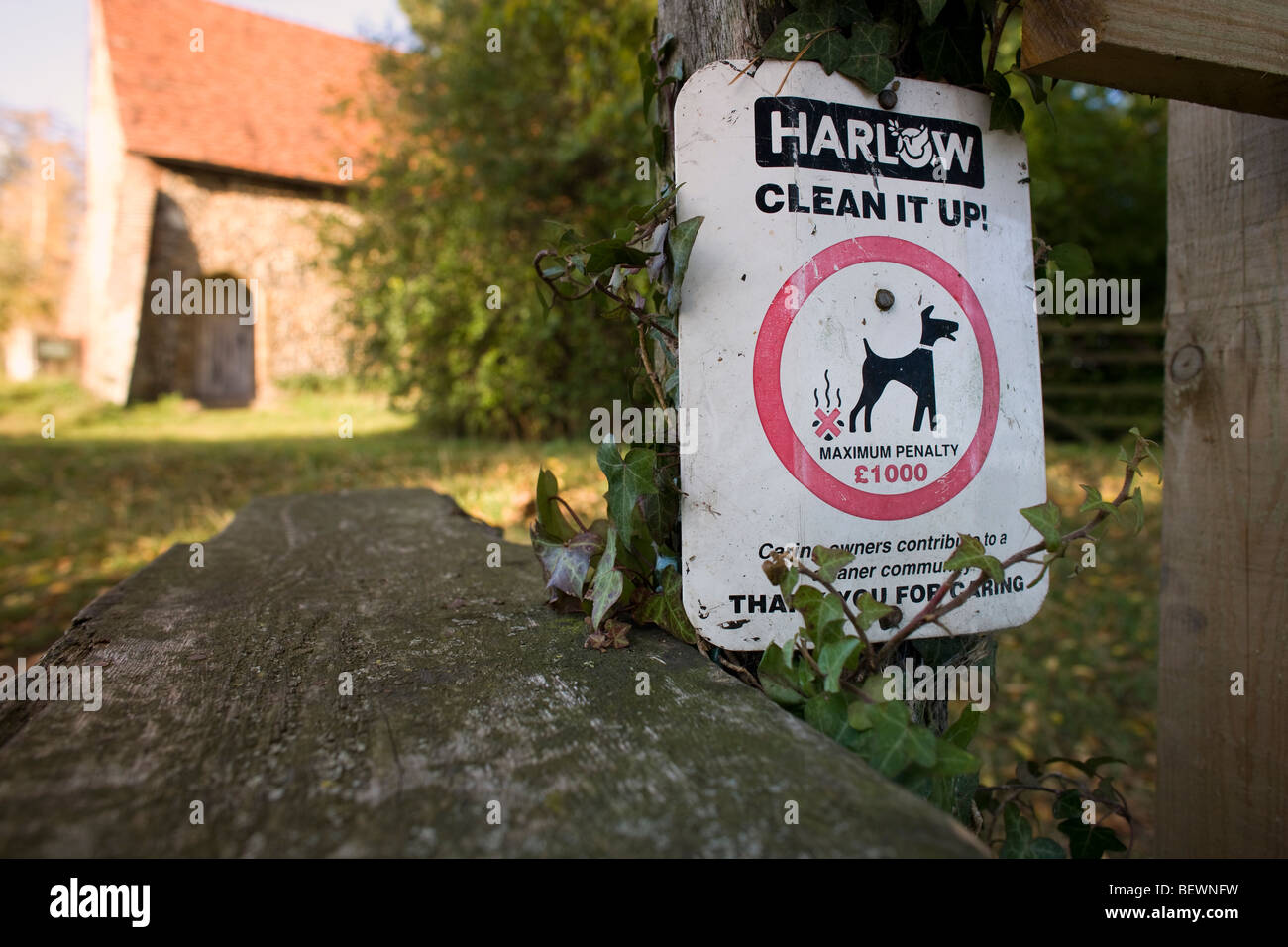 Harlow Rat unterzeichnen an Clean It Up Achtung Hundebesitzer ihre Hunde Durcheinander aufzuräumen oder eine Geldstrafe Stockfoto