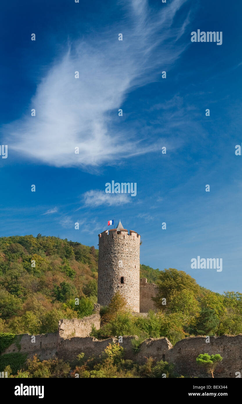 Kaysersberg-Burg unter französischer Flagge inmitten von Weinbergen hoch über der mittelalterlichen Stadt Kaysersberg Elsass Frankreich Stockfoto