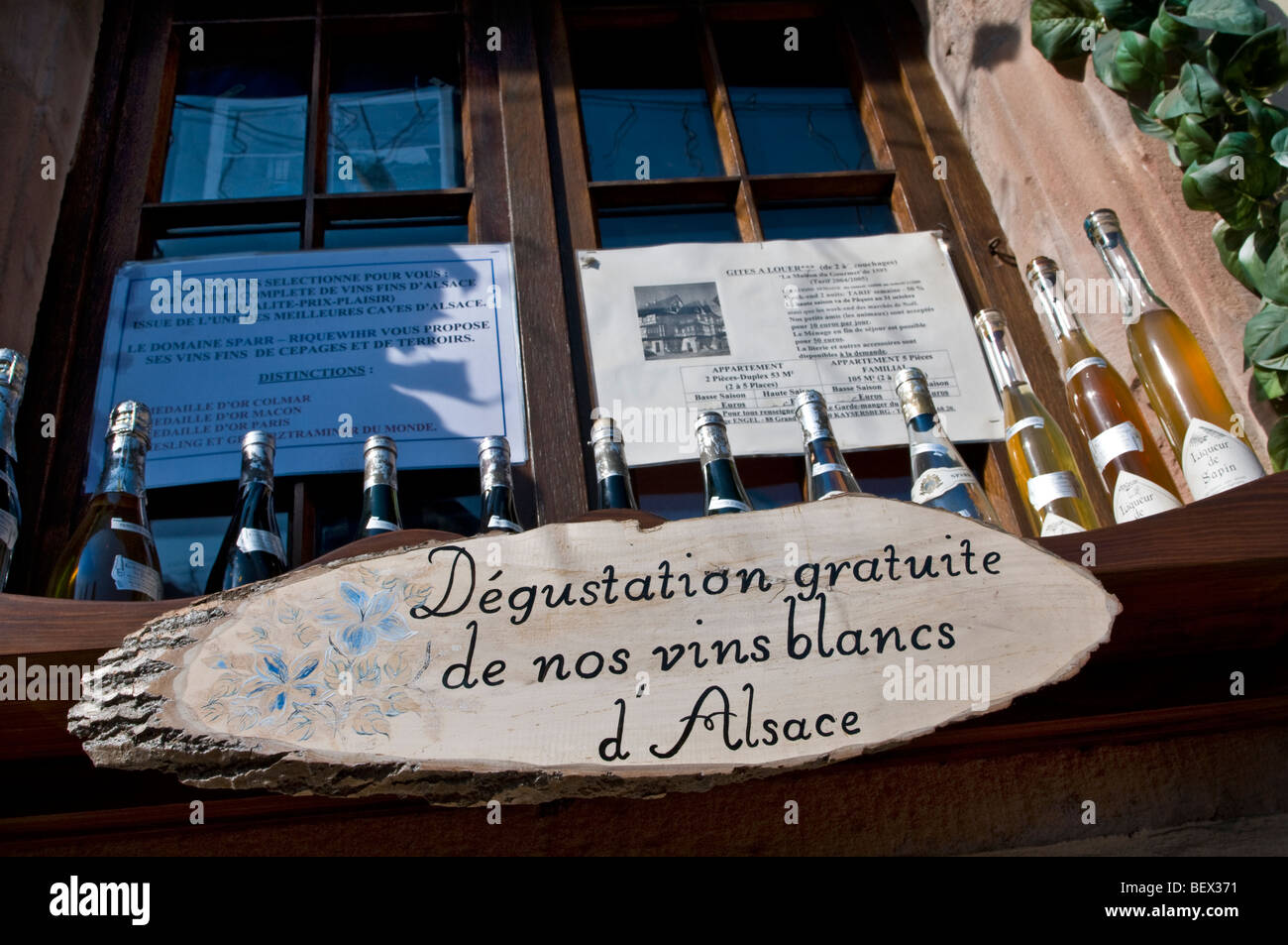 ELSASS Lokale Weinsorten auf dem Display vor dem Weinladen einladend Kostenlose Weinprobe Elsass Frankreich Stockfoto