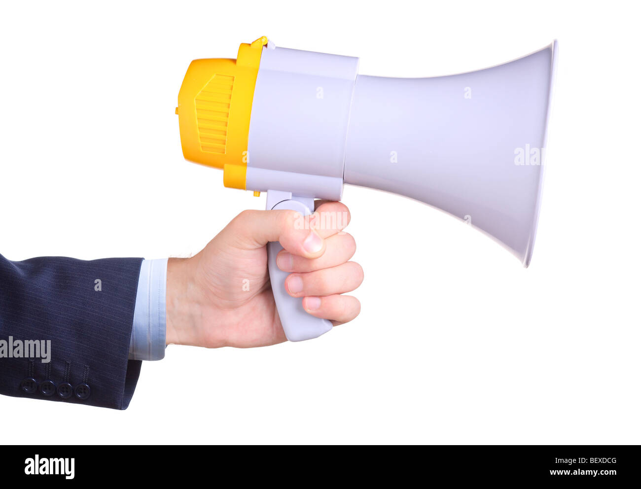 Geschäftsmann hält ein Megaphon, isoliert auf weißem Hintergrund Stockfoto