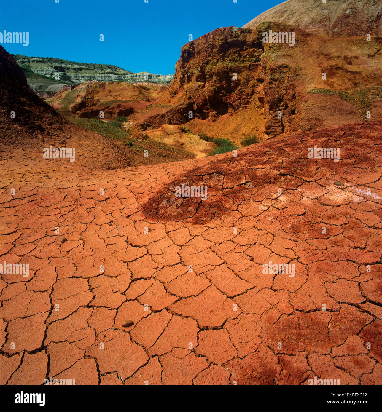 Roten Tonen des Paläontologischen Website Kiin-Kerish. Zaisan Depression, Ost-Kasachstan Stockfoto