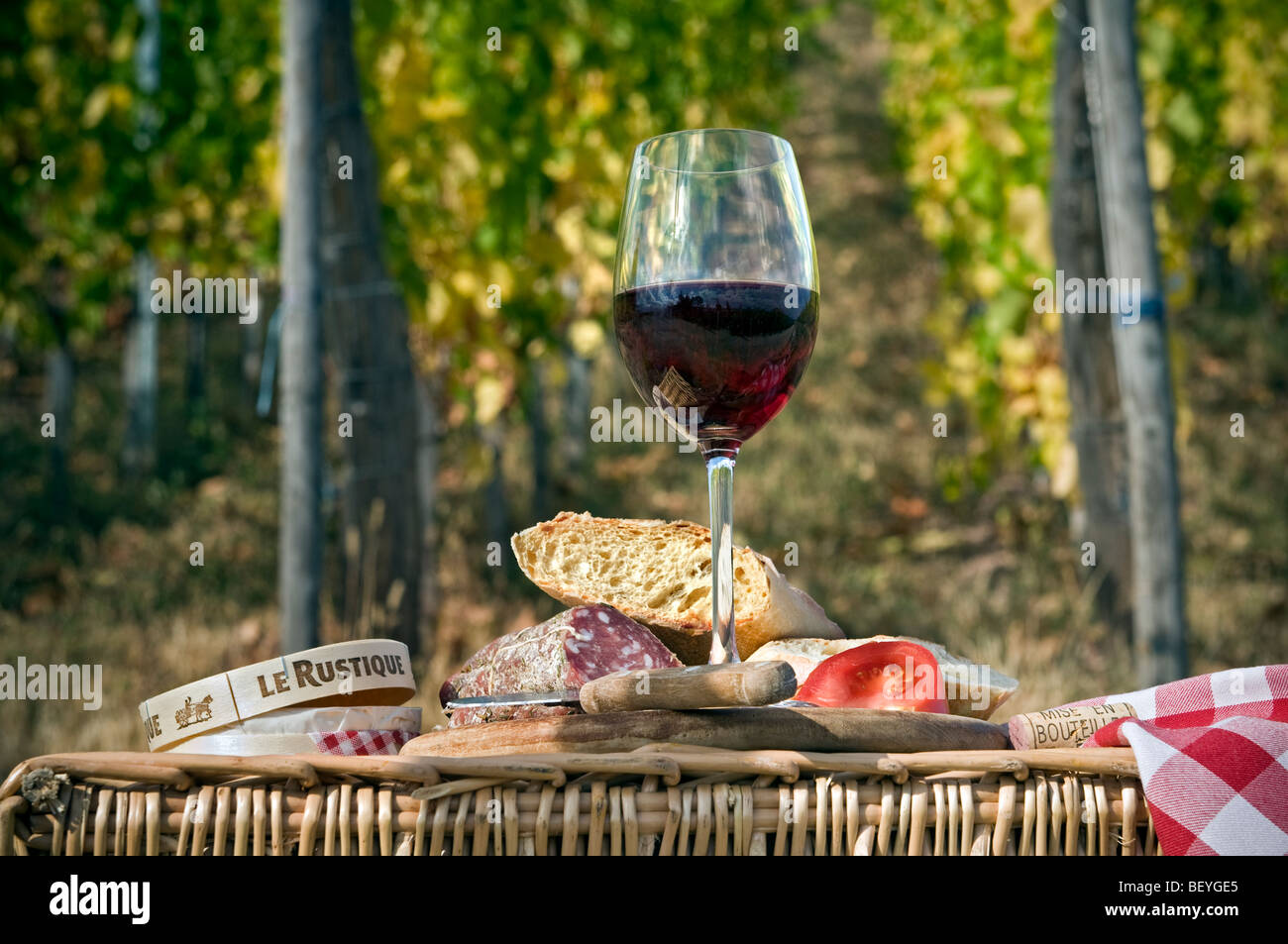 Picknick-Mittagessen mit roten Wein Brot Käse und Saucisson auf typisch französische Weinberg Frankreich Stockfoto