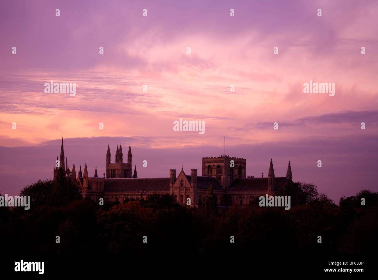 Sonnenuntergang Landschaft South Elevation Kreuzgänge Peterborough City Kathedrale Cambridgeshire England UK Stockfoto