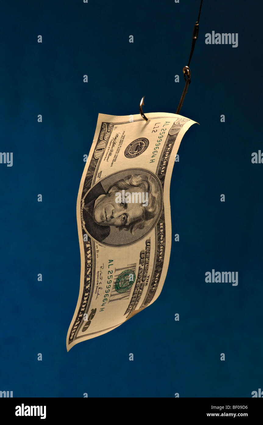 Zwanzig Dollarschein auf einen Angelhaken. Stockfoto