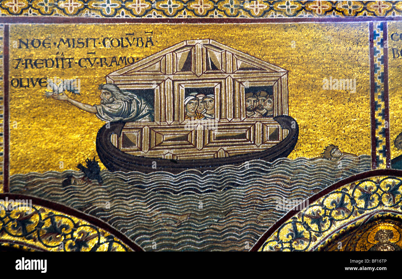 Monreale Sizilien Italien Monreale Kathedrale Mosaik der Arche Noah und Die große Sintflut Noah Grüßende Taube mit Olivenzweig Stockfoto