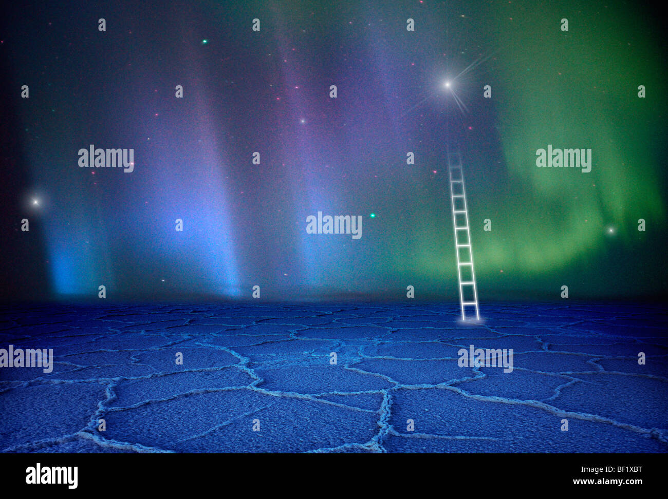 Nordlichter (Aurora Borealis), geknackt Blue Ice und mystischen Leiter Stockfoto