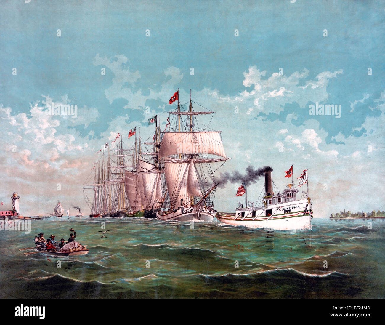 Fischereiflotte verlassen Hafen in den 1880er Jahren USA Stockfoto