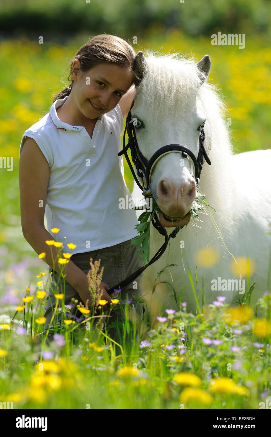 Shetland-Pony (Equus Caballus). Junges Mädchen mit Shetlandpony auf einer Wiese. Stockfoto