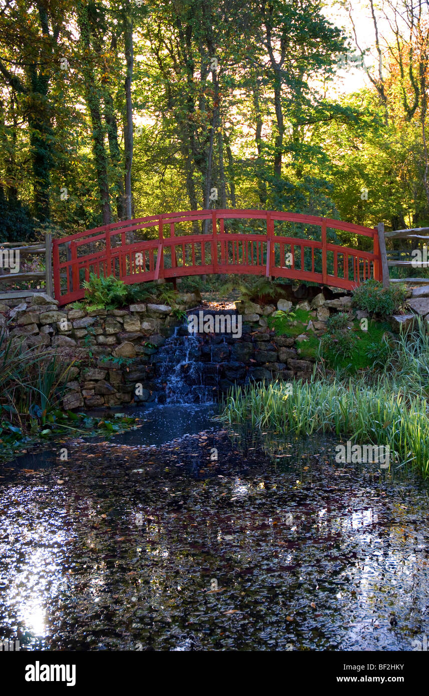 Rote Brücke im Herbst, Robin Hill Land Adventure Park, Isle of Wight, England, UK, GB. Stockfoto