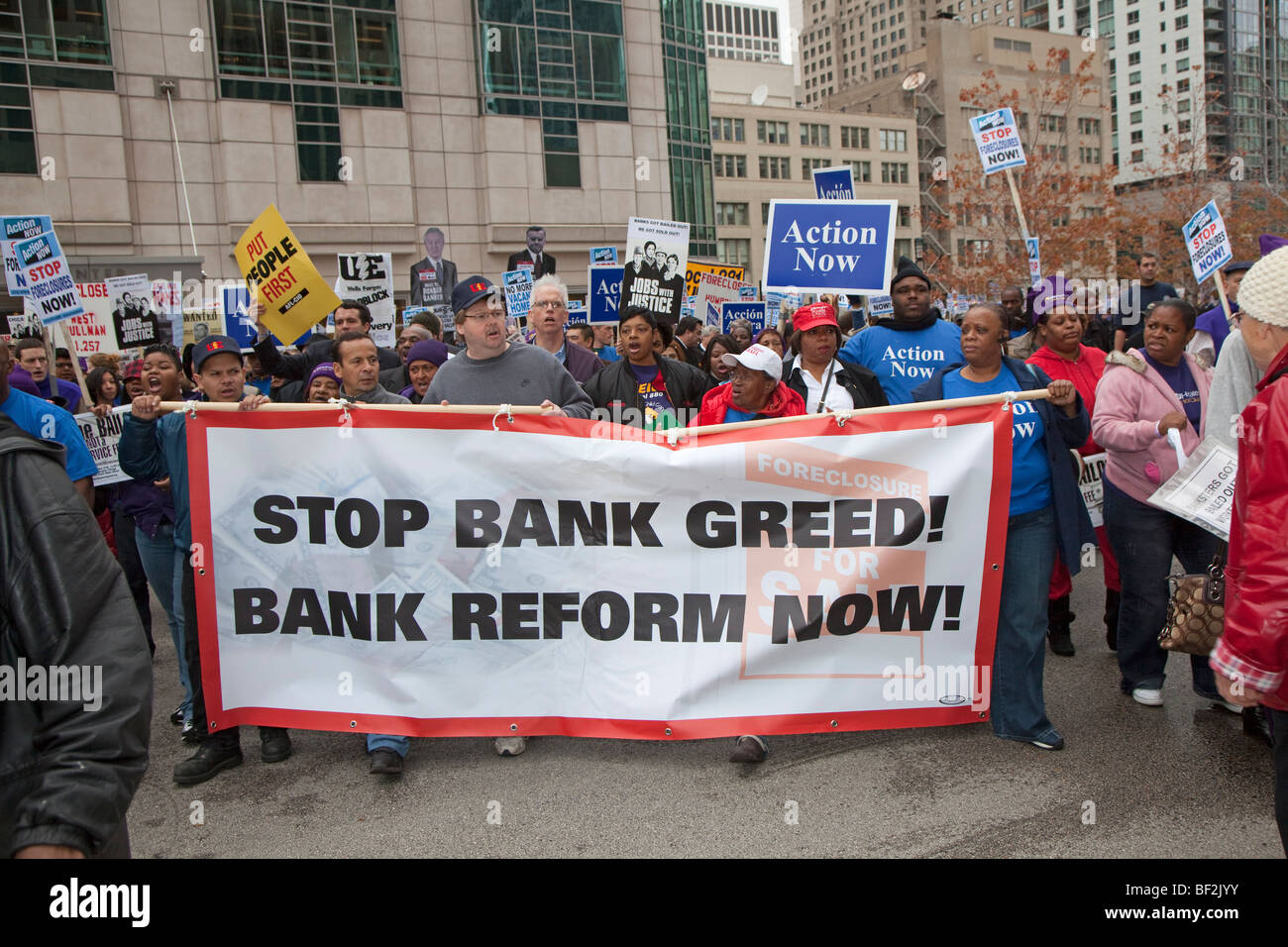 Arbeits-Gemeinschaft Kundgebung gegen Großbanken Stockfoto