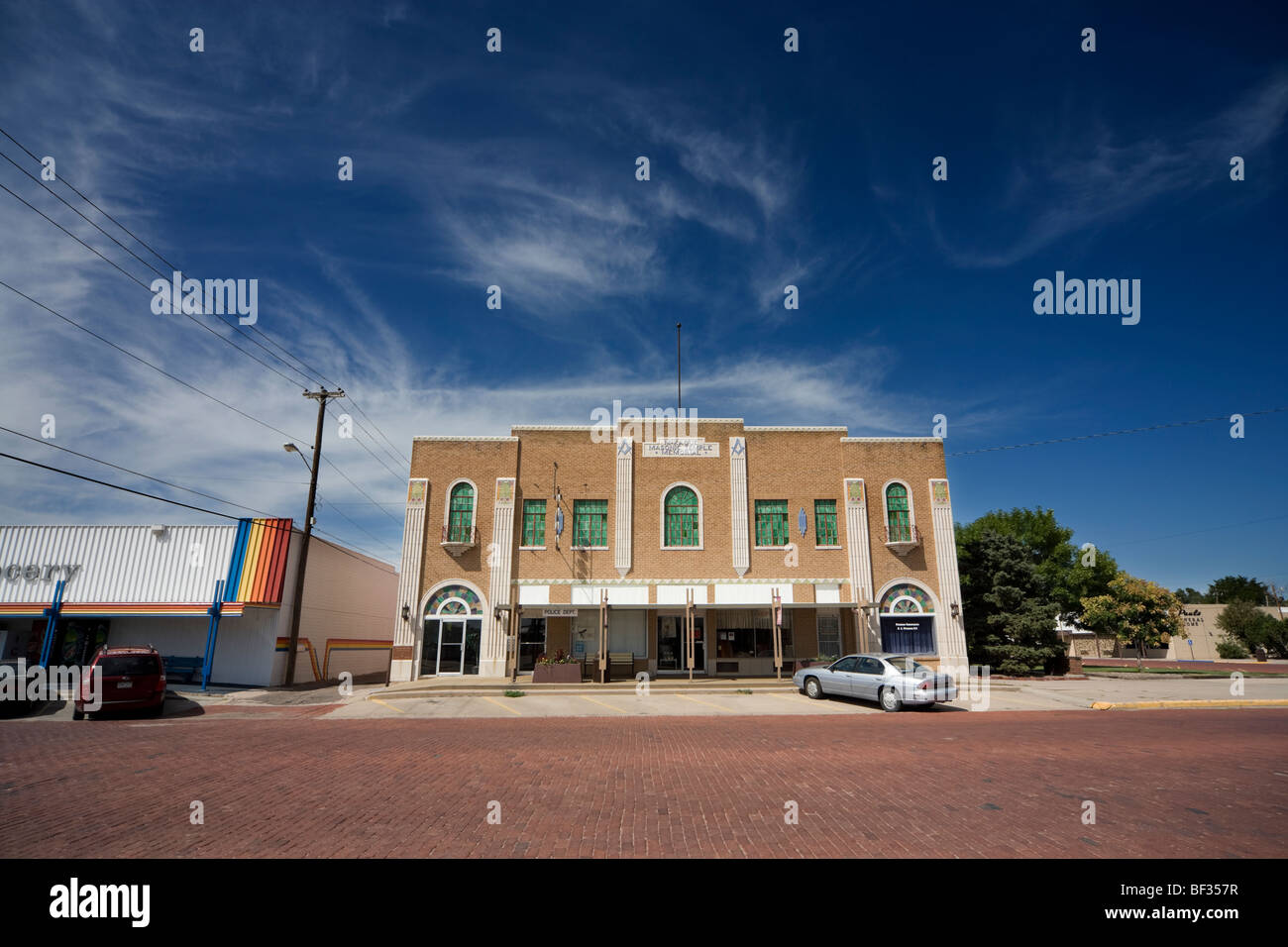 Oberlin Kansas Ks U.S. USA. Police Department und Freimaurer-Tempel Stockfoto