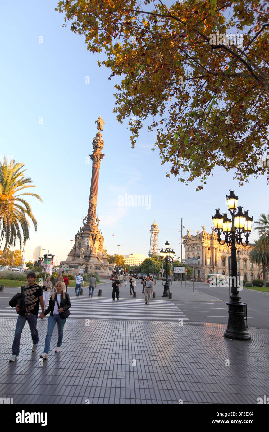 Barcelona, Ramblas, La Rambla, Placa del Portal De La Pau, Colon, Kolumbus-Denkmal, Colón Stockfoto