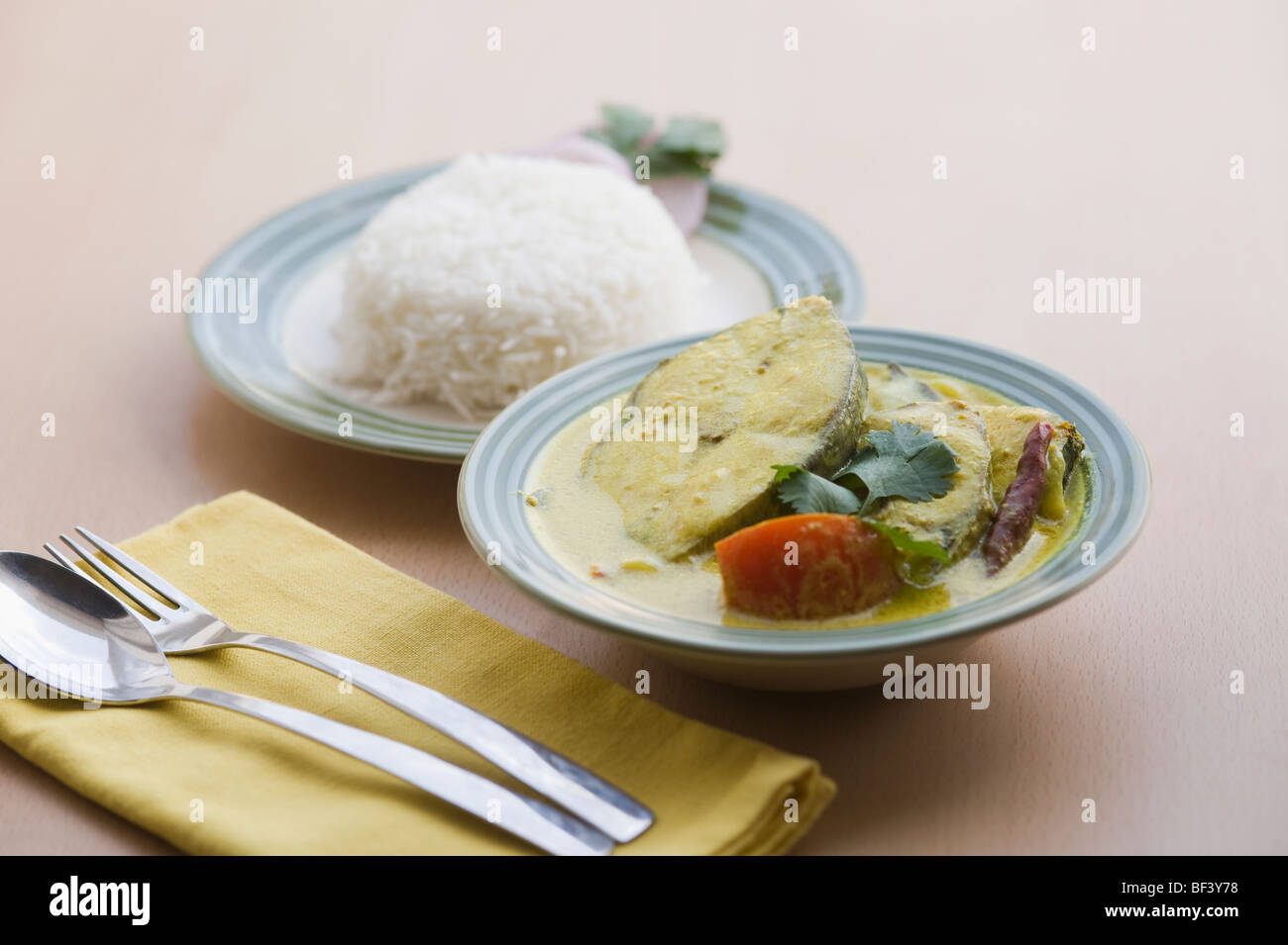 Nahaufnahme des Fisch-Curry mit Reis serviert Stockfoto