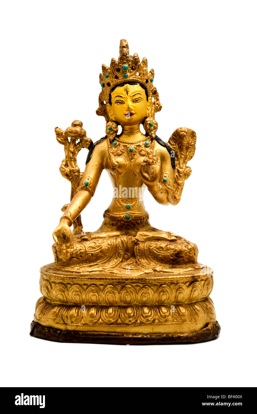 Statue der weißen Tara auf weißem Hintergrund Stockfoto