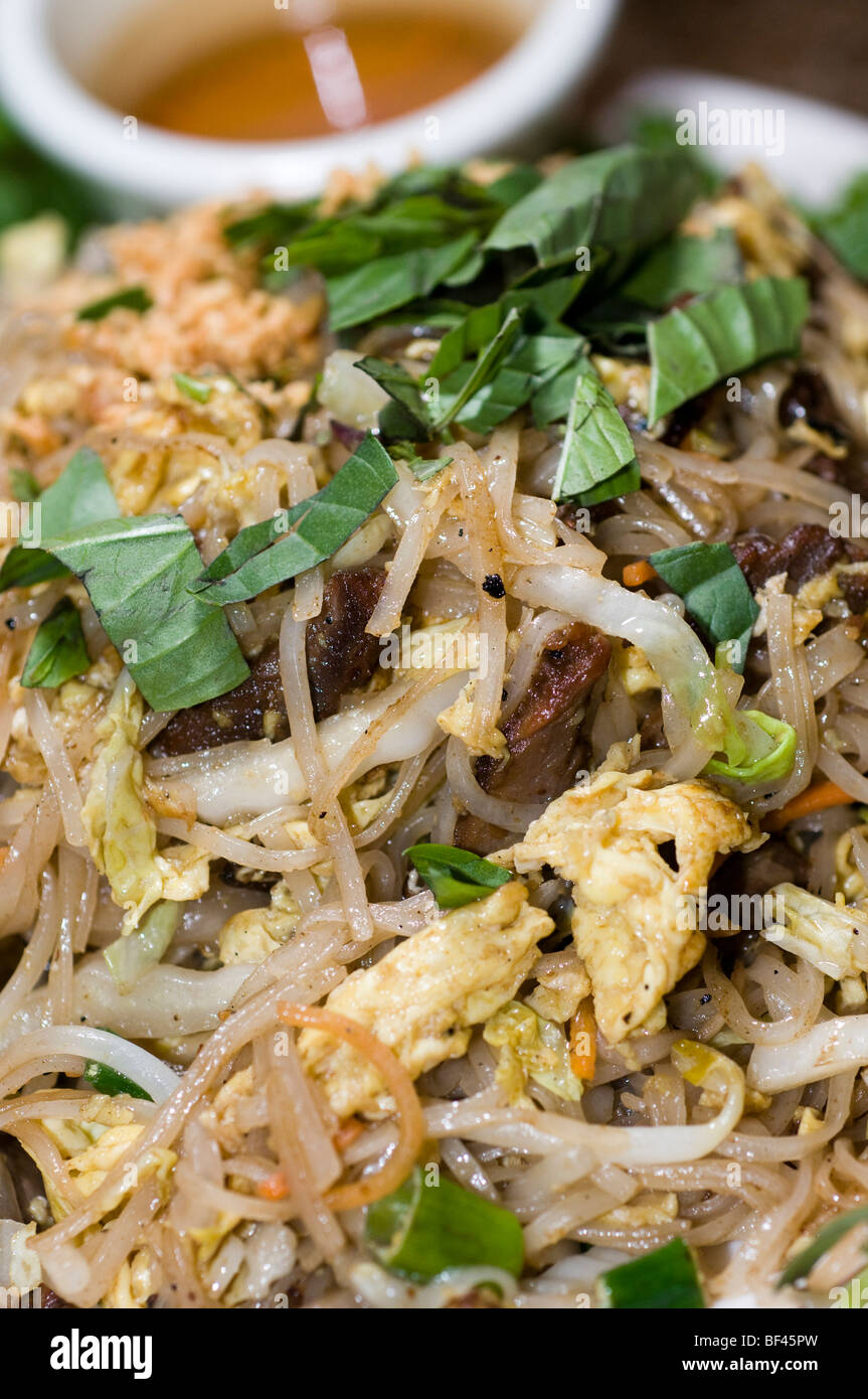 vietnamesisches Essen Bun Xao Reisnudeln mit zerkleinerten Gemüse Ei Erdnüssen Nuoc Cham Sauce mit Hackfleisch Stockfoto