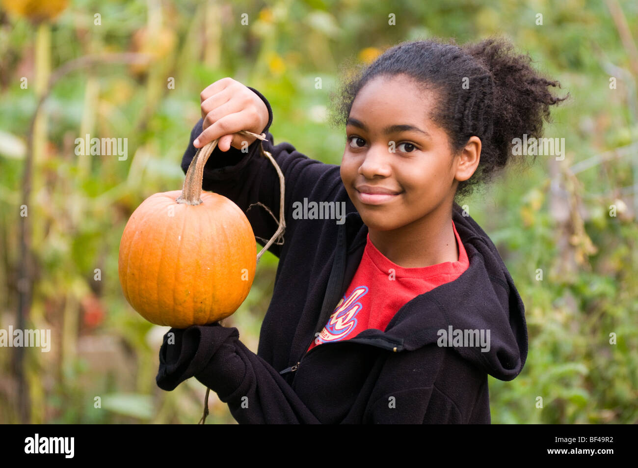 Afroamerikanische Mädchen mit Kürbis Stockfoto