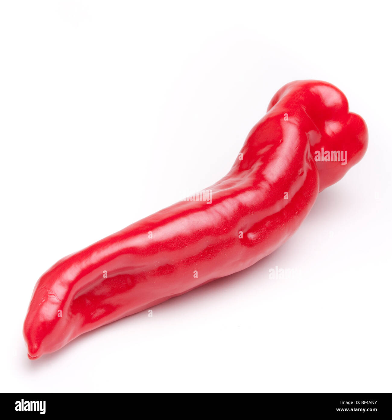 Einzelne große rote Paprika fast wie ein Womans Körper isoliert vor weißem Hintergrund geprägt. Stockfoto