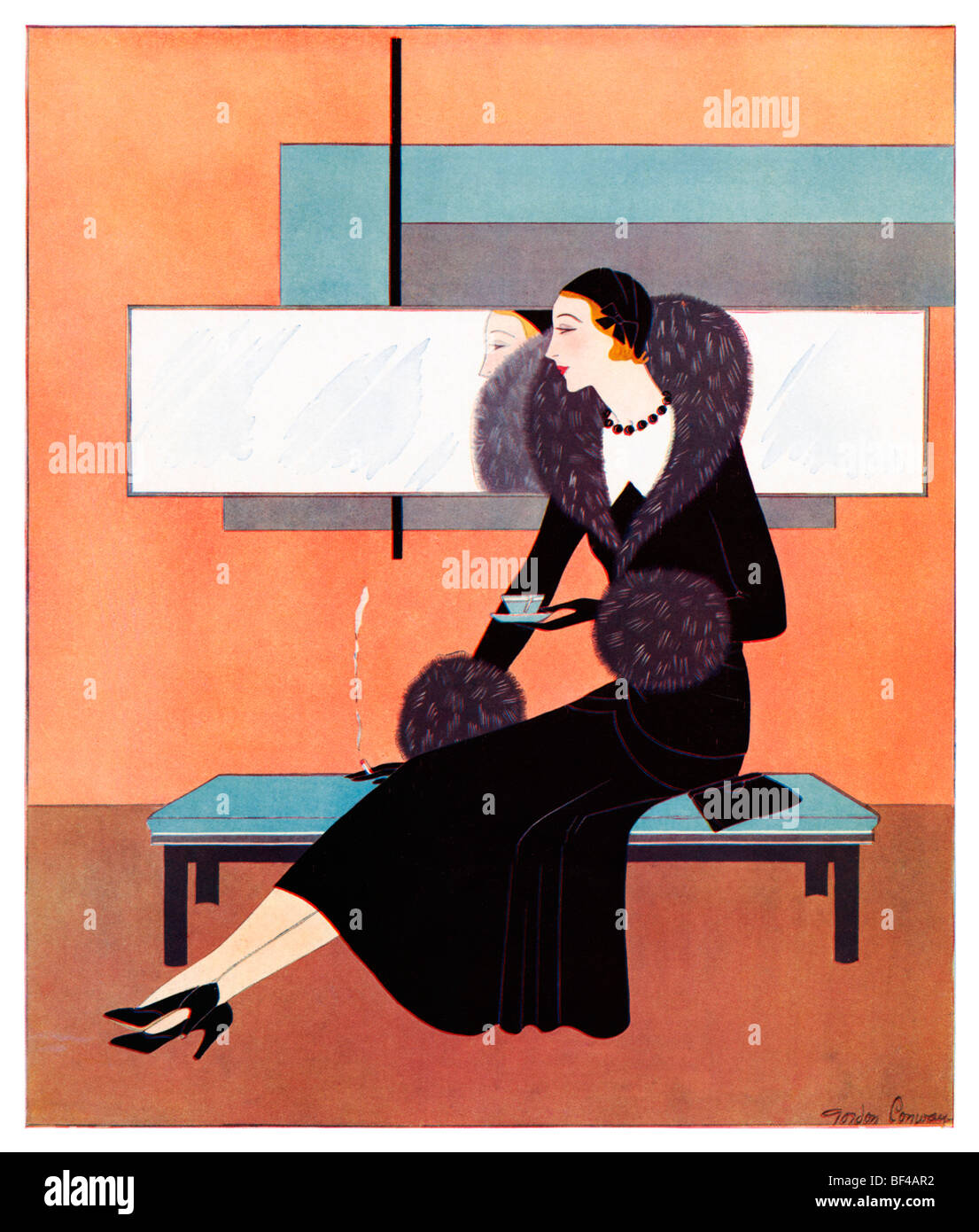 Am Nachmittag Ensemble, schöne 1930er Jahre Art-Deco-Mode-Illustration einer eleganten Dame, die Einnahme von Tee Stockfoto