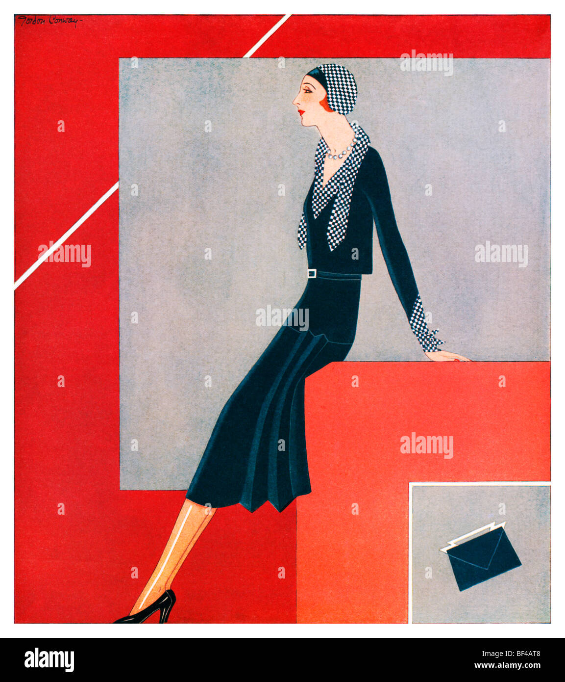 Am Morgen Kleid, schöne 1930er Jahre Art-Deco-Mode-Illustration einer eleganten Dame gekleidet für die gesellige Runde Stockfoto