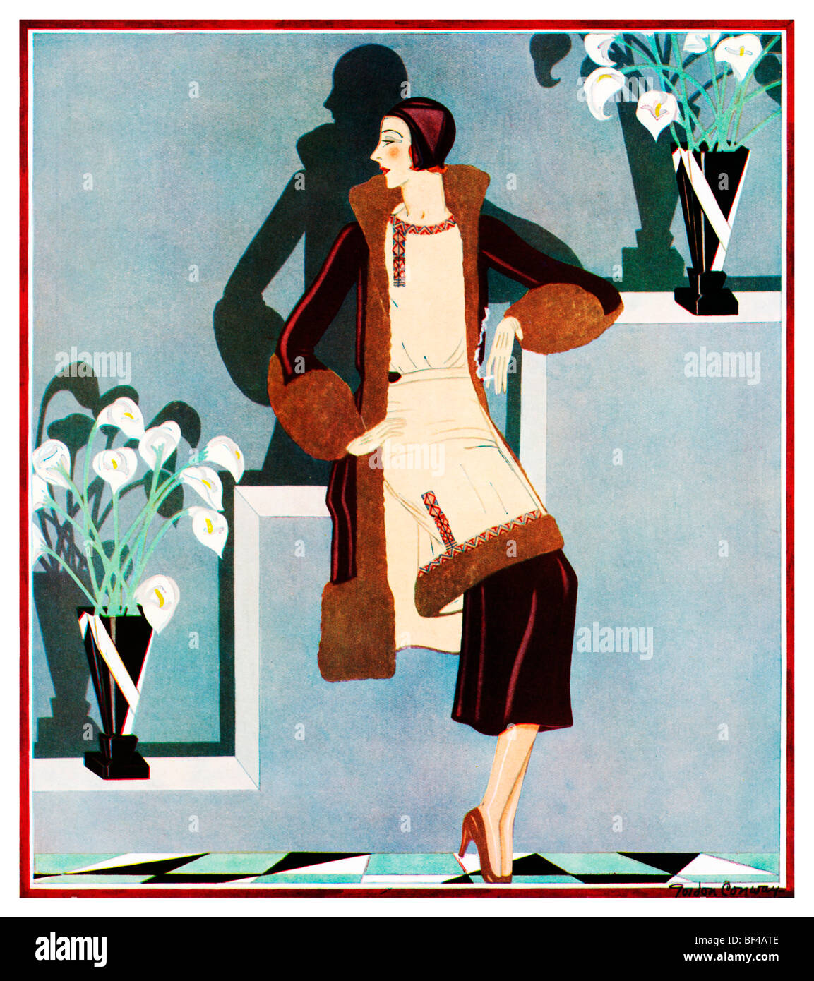 Nachmittag In samt, schöne 1930er Jahre Art-Deco-Mode-Illustration einer eleganten Dame bereit für einen Ausflug Stockfoto