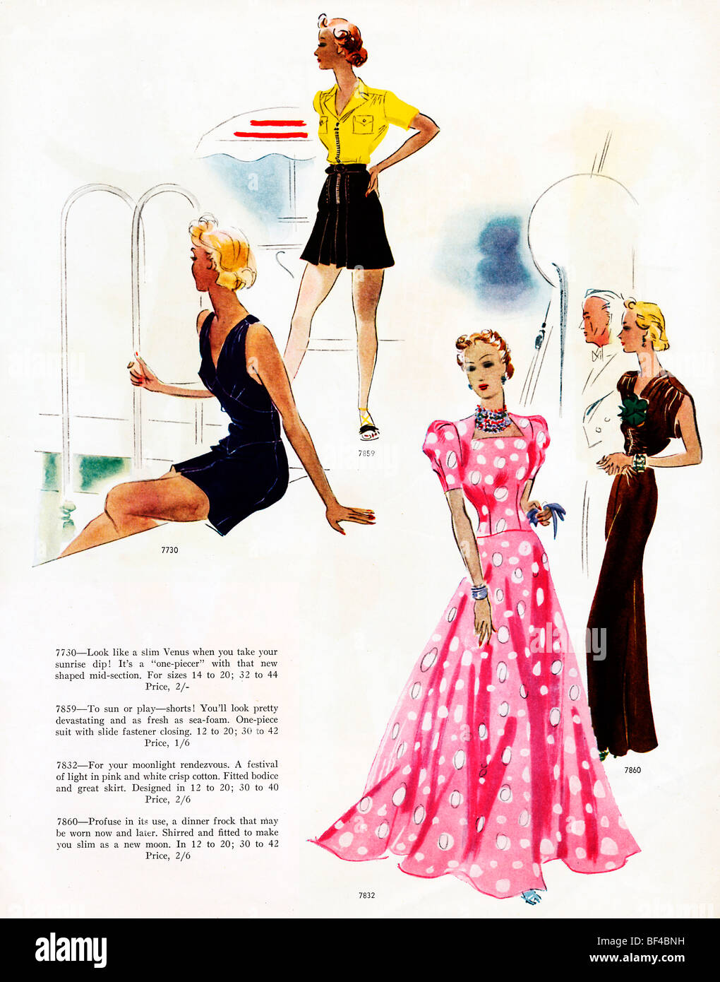 Resort Verschleiß, 1930er Jahre Mode Magazin-Illustration von Mustern für Pool, faulenzen und Abendmode im Urlaub Stockfoto