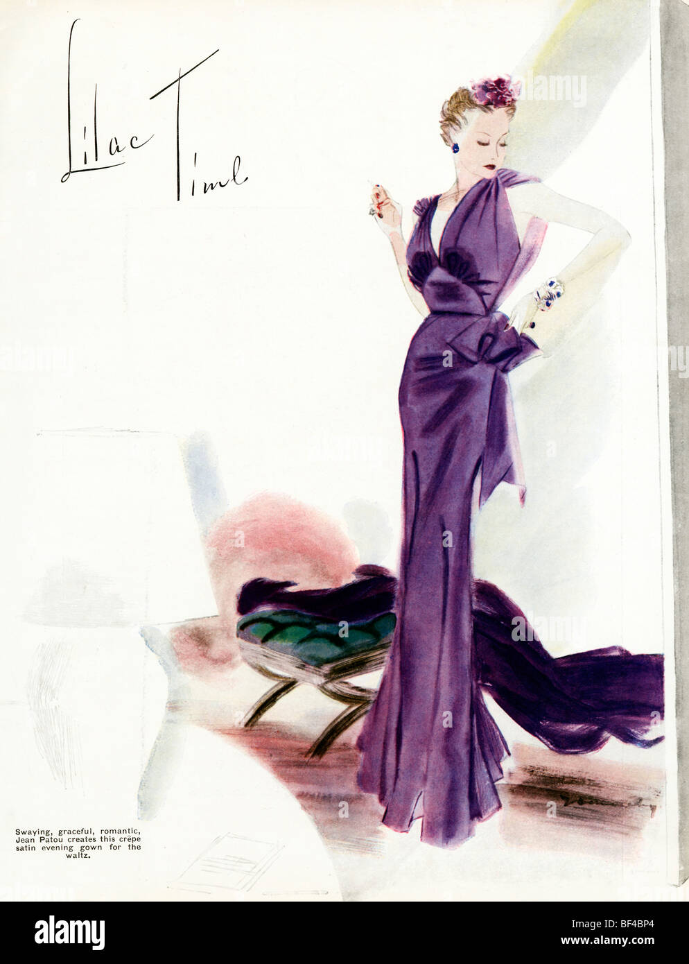 Lilac Time, 1930er Jahre Mode Zeitschrift Illustration eine schwankende, anmutig, romantische Crêpe satin Abendkleid von Jean Patou Stockfoto