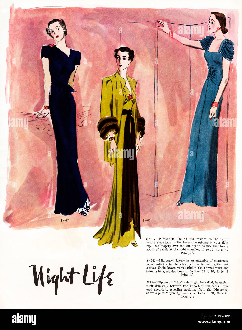 Nacht Leben ein, 1930er Jahre Mode Magazin-Illustration von Mustern für elegante Abendkleider Stockfoto