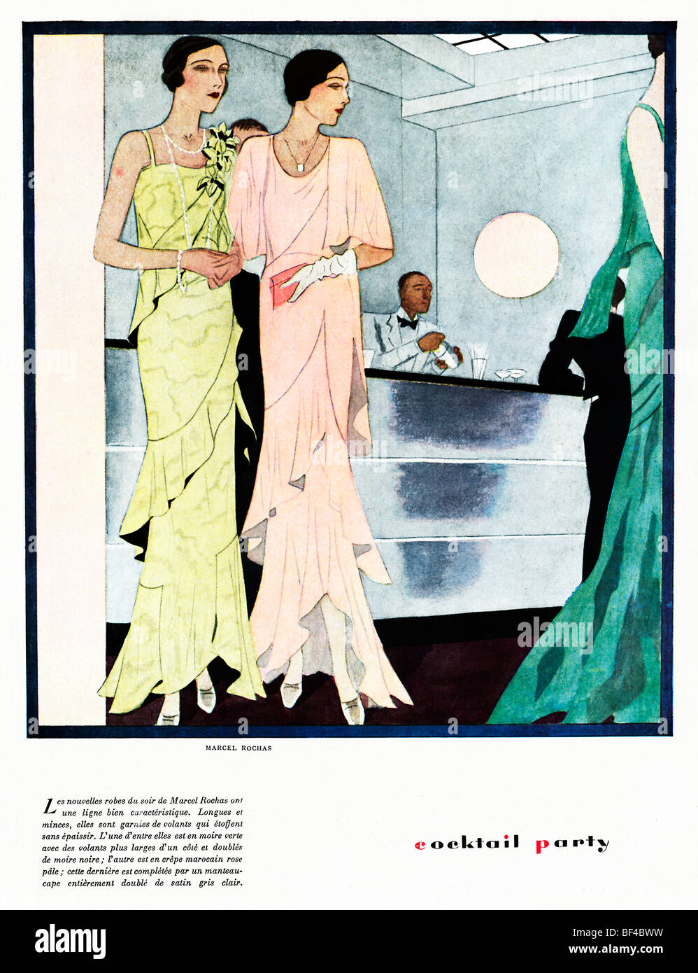 Cocktail-Party, 1930 französische Zeitschrift Modeillustration, elegante Damen an der Bar, Abendkleider von Marcel Rochas Stockfoto