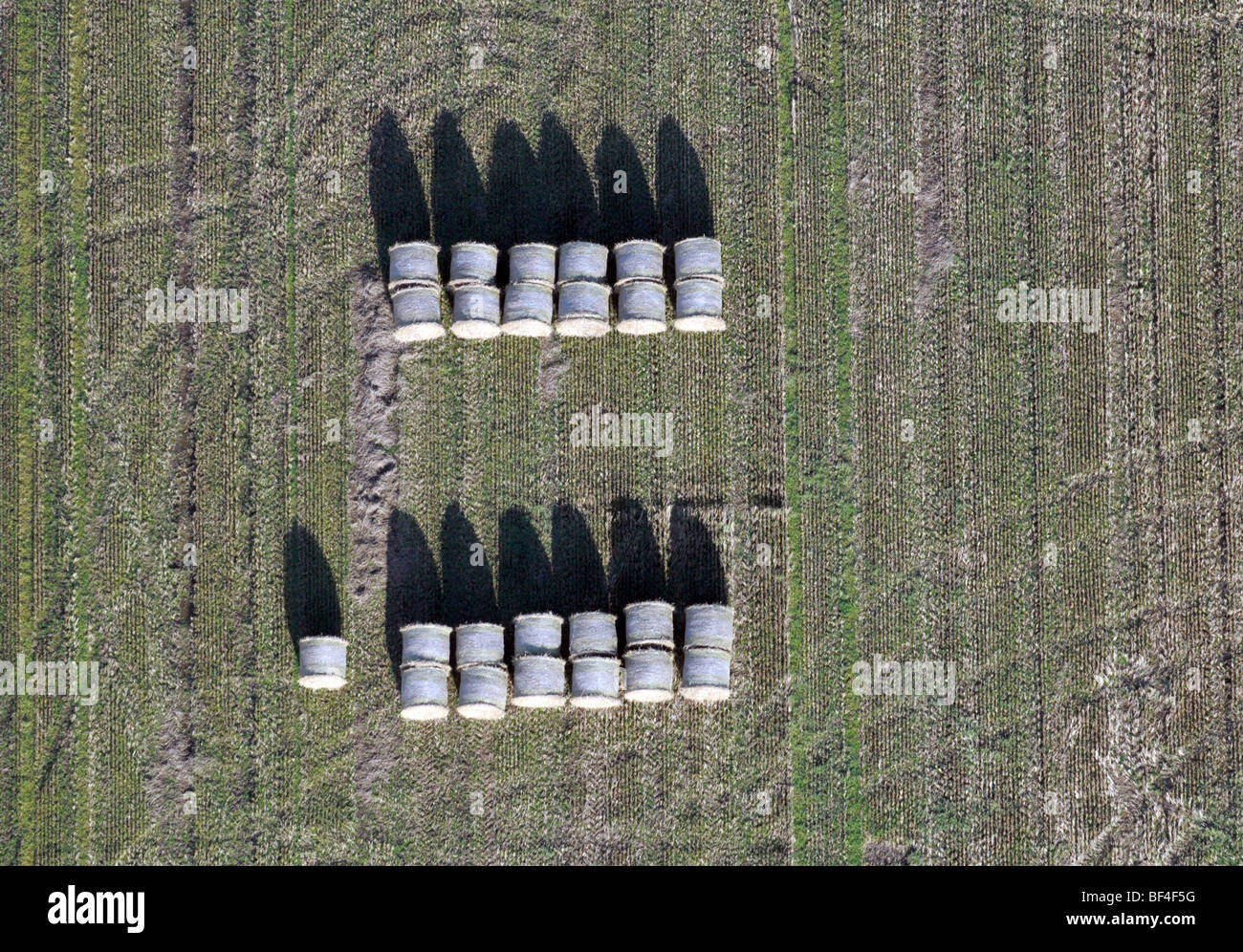 Luftaufnahme von Heuballen in Feld Stockfoto