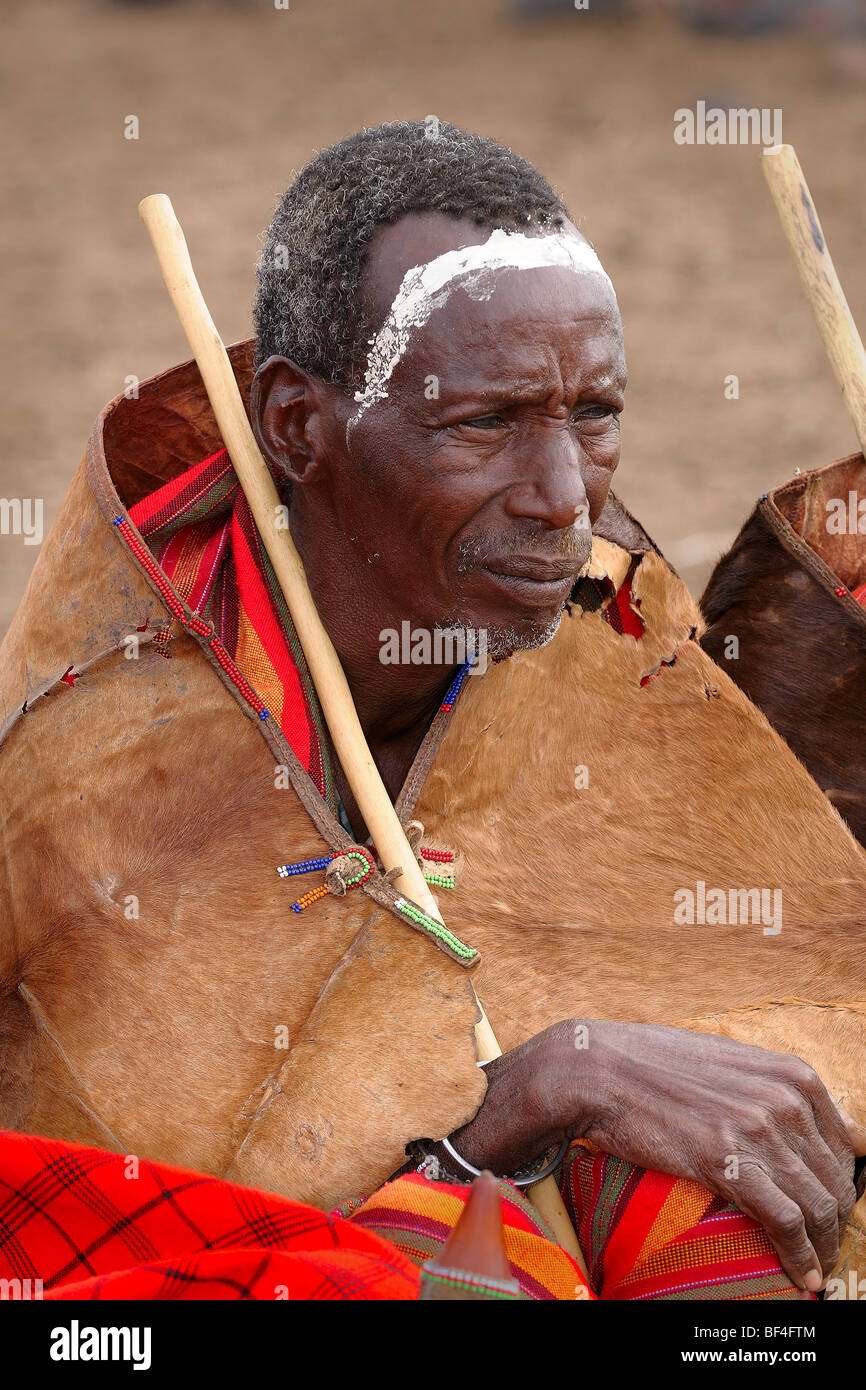 Maasai elder beobachten die Krieger tanzen in seinem Dorf. Stockfoto