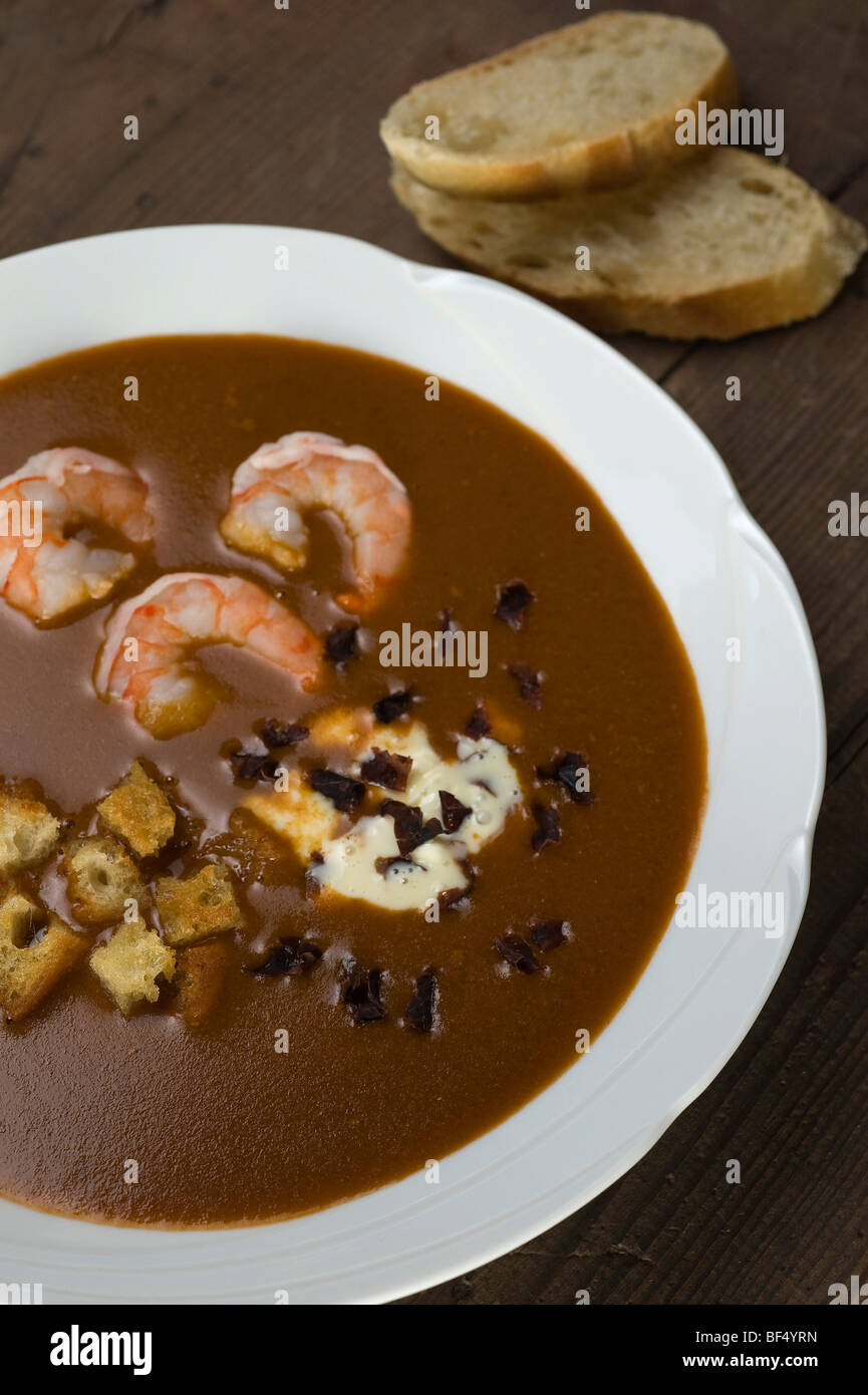 Fischsuppe, Soupe de Poisson, mit Garnelen, Croutons und Rotalgen (Palmaria Palmata), eine Rotalge Stockfoto