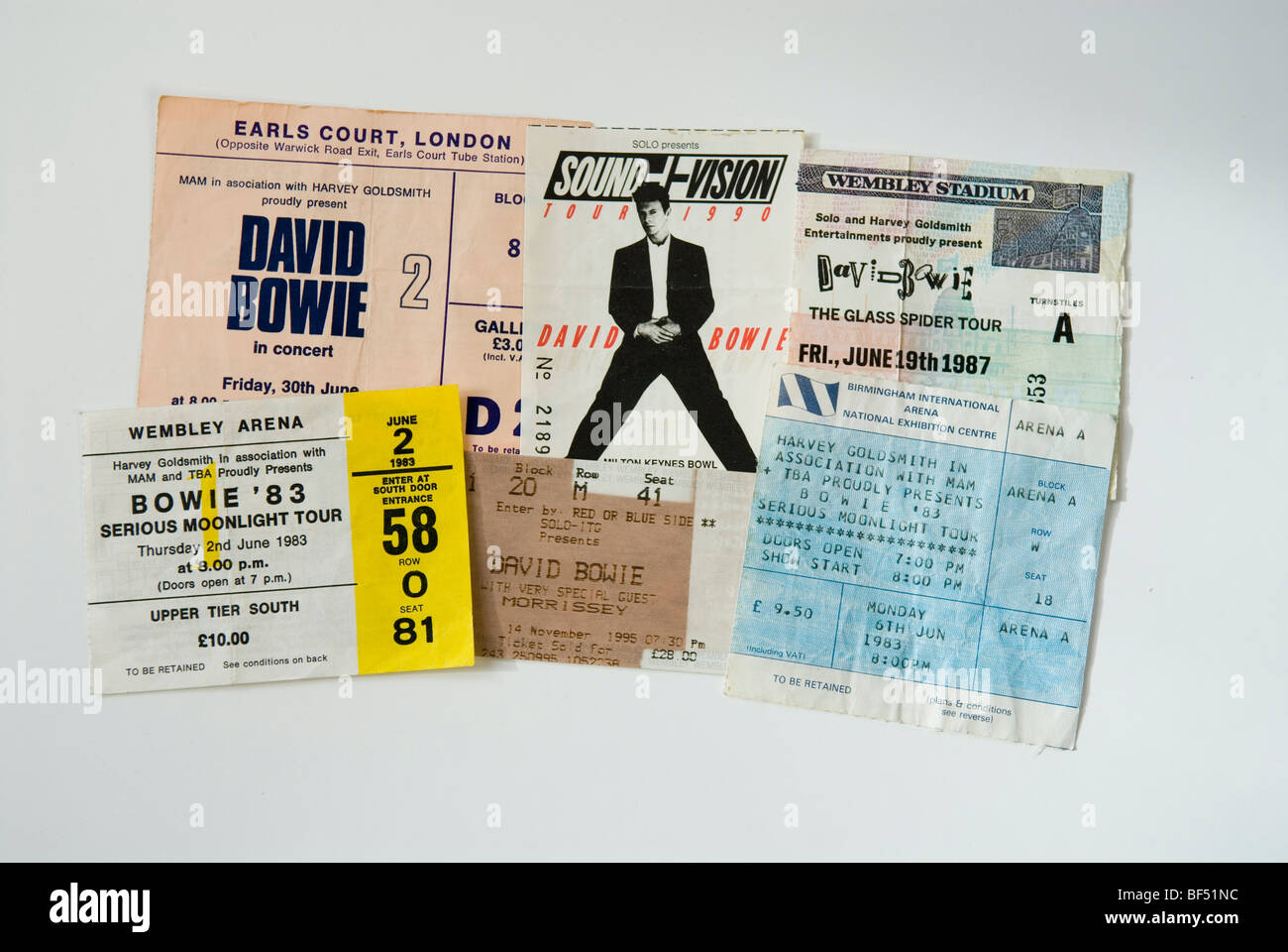 Eine Auswahl von David Bowie-Konzert-Tickets aus verschiedenen Epochen Stockfoto