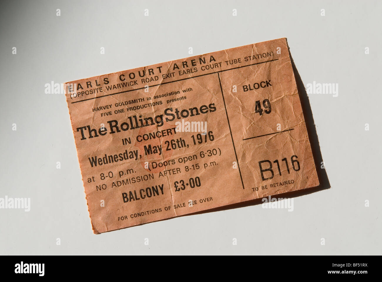 Rolling Stones Tickets, 1976 Stockfoto