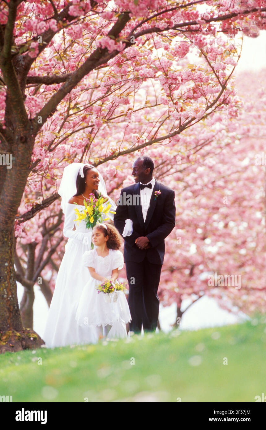 Eine Braut und Bräutigam, vorangegangen durch ihre Blumenmädchen gehen unter einem Baldachin von Kirschblüten. Stockfoto