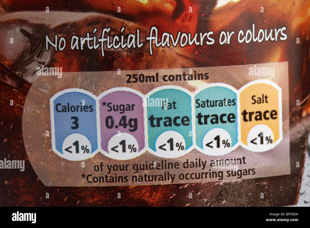 Prozentsatz der Leitlinie tägliche Menge Lebensmittel Label auf eine Flasche Cola in Großbritannien zeigen Spuren und geringen Prozentsätzen Stockfoto